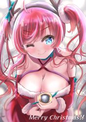 Rule 34 | 1girl, alternate costume, azur lane, blue eyes, blush, breasts, cleavage, collarbone, commentary request, headband, highres, large breasts, looking at viewer, merry christmas, one eye closed, red hair, san diego (azur lane), san diego (sandy claus) (azur lane), santa costume, smile, solo, takenaka takeshi, twintails