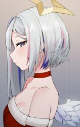Rule 34 | 1girl, alternate breast size, amane kanata, angel wings, bare shoulders, blue hair, breasts, choker, cleavage, closed mouth, commentary, eyebrows, eyelashes, feathered wings, from side, grey hair, halo, highres, hololive, jorin, large breasts, light blush, lips, looking at viewer, looking to the side, multicolored hair, pink hair, profile, solo, star halo, strapless, streaked hair, upper body, virtual youtuber, white wings, wings