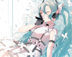 Rule 34 | 1girl, animal, black gloves, blue hair, blush, bug, butterfly, closed eyes, closed mouth, commentary request, flower, gloves, glowing, hair between eyes, hamuna (hamuna 86), hand up, hatsune miku, headphones, highres, insect, jumpsuit, long hair, petals, rose, short jumpsuit, short sleeves, smile, solo, very long hair, vocaloid, white flower, white jumpsuit, white rose