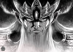 Rule 34 | 1boy, beard, close-up, commentary, crown, dragon quest, dragon quest dai no daibouken, facial hair, frown, greyscale, horns, lips, male focus, monochrome, old, old man, portrait, solo, the golden smurf, vearn, wrinkled skin