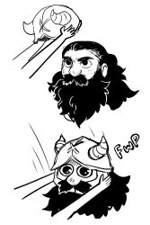 Rule 34 | 1boy, beard, beard over mouth, cropped head, dilated pupils, disembodied hand, dungeon meshi, dwarf, facial hair, fake horns, greyscale, helmet, highres, horned helmet, horns, long beard, looking ahead, male focus, monochrome, motion lines, mustache, o o, pleading eyes, sanpaku, senshi (dungeon meshi), sequential, solo focus, thechekhov, thick mustache, very long beard