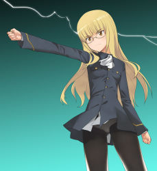 Rule 34 | 1girl, a1 (initial-g), blonde hair, brown eyes, coin, electricity, female focus, glasses, gradient background, long hair, military, military uniform, outstretched arm, panties, panties under pantyhose, pantyhose, parody, perrine h. clostermann, power connection, solo, strike witches, toaru kagaku no railgun, toaru majutsu no index, underwear, uniform, world witches series, yellow eyes