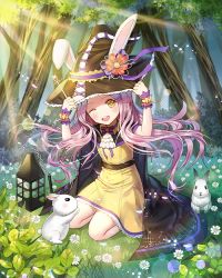 Rule 34 | 1girl, ;d, animal, animal hat, ascot, black cape, black hat, blush, cape, day, dress, flower, forest, frilled hat, frills, full body, grass, hand on headwear, hands up, hat, hat flower, hat ribbon, kneeling, leaf, light, long hair, looking at viewer, nature, one eye closed, open mouth, original, outdoors, pink hair, purple ribbon, rabbit, rabbit hat, ribbon, roang, sash, smile, solo, teeth, tree, upper teeth only, witch, witch hat, wrist cuffs, yellow dress, yellow eyes