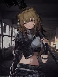 Rule 34 | 1girl, absurdres, animal ears, arknights, brown eyes, brown hair, commentary, crop top, grey shirt, hair between eyes, hammer, head tilt, highres, holding, holding hammer, holding weapon, indoors, kitere, lion ears, long hair, looking at viewer, midriff, navel, official alternate costume, over shoulder, parted lips, shirt, siege (arknights), siege (city destroyer) (arknights), solo, stomach, upper body, weapon, weapon over shoulder