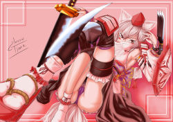 Rule 34 | 1girl, animal ears, breasts, classictime, detached sleeves, female focus, hat, inubashiri momiji, panties, red eyes, short hair, silver hair, solo, tail, tokin hat, touhou, underwear, wolf ears, wolf tail