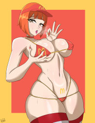 Rule 34 | 1girl, absurdres, alternate breast size, blush, bob cut, breasts, choker, cleavage, come hither, fellatio gesture, grabbing own breast, green eyes, heavy breathing, highres, in heat, large breasts, mcdonald&#039;s, mother (yoru mac), midriff, mother (yoru mac), navel, open mouth, panties, pubic tattoo, red choker, short hair, stomach, sweat, tattoo, thighhighs, thighs, toned, tongue, underwear, yaboi akkir, yoru mac