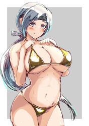 Rule 34 | 1girl, absurdres, bikini, blush, breasts, chitose (kancolle), cowboy shot, curvy, golden bikini, grey eyes, grey hair, hair ribbon, hands on own breasts, hands on own chest, headband, highres, kantai collection, kurageituki, large breasts, long hair, looking at viewer, navel, ponytail, ribbon, simple background, smile, swimsuit, thighhighs, underboob