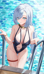 1girl absurdres alternate_costume black_one-piece_swimsuit blue_eyes breasts collarbone genshin_impact grey_hair highres ituka_kanau large_breasts long_hair low-braided_long_hair low-tied_long_hair navel one-piece_swimsuit parted_lips pool shenhe_(genshin_impact) solo stomach swimsuit thigh_strap wet white_hair