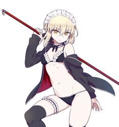 Rule 34 | &gt;:(, arm at side, arm up, artoria pendragon (all), artoria pendragon (alter swimsuit rider) (second ascension) (fate), artoria pendragon (fate), bikini, black bikini, black thighhighs, blonde hair, breasts, bridal garter, chan co, choker, cleavage, closed mouth, empty eyes, fate/grand order, fate (series), frill trim, frills, frown, gluteal fold, hair between eyes, hair ribbon, jacket, leg up, maid, maid bikini, maid headdress, navel, off shoulder, open clothes, open jacket, polearm, ribbon, ribbon trim, saber alter, short hair, simple background, small breasts, solo, swimsuit, thighhighs, unconventional maid, v-shaped eyebrows, weapon, white background, yellow eyes