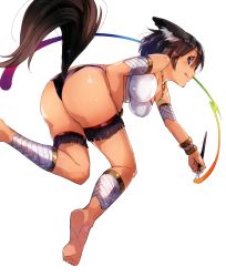 Rule 34 | 10s, 1girl, :q, absurdres, animal ears, ankle wrap, armband, ass, bare shoulders, barefoot, black panties, bracelet, breasts, brown hair, dark-skinned female, dark skin, elbia hernaiman, feet, highres, impossible clothes, impossible shirt, jewelry, large breasts, looking back, lots of jewelry, necklace, outbreak company, paintbrush, panties, purple eyes, scan, shiny skin, shirt, short hair, simple background, solo, strapless, tail, tongue, tongue out, tube top, underwear, white background, yuugen