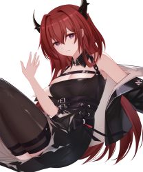 Rule 34 | 1girl, arknights, bare shoulders, belt, black belt, black collar, black dress, black jacket, black thighhighs, blitzkrieg (index unknown), breasts, chest strap, cleavage, collar, cowboy shot, detached collar, dress, hair between eyes, highres, horns, infection monitor (arknights), jacket, long hair, long sleeves, looking at viewer, medium breasts, off shoulder, open clothes, open jacket, purple eyes, red hair, simple background, sitting, solo, surtr (arknights), thighhighs, very long hair, white background