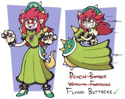 Rule 34 | 1girl, attack, bad id, bad pixiv id, black nails, bowser peach, bracelet, brooch, claw pose, clenched hands, collage, collar, commentary, dress, earrings, english commentary, english text, fangs, fingernails, floating hair, full body, green dress, grin, hands up, hat, high heels, horns, jewelry, koopa peach, long dress, long hair, looking afar, looking back, looking to the side, mario (series), nail polish, nintendo, open mouth, pointy ears, possessed, princess peach, prototype design, puffy short sleeves, puffy sleeves, red eyes, red hair, sharp fingernails, sharp teeth, shenanimation, shoes, short sleeves, shoulder spikes, sidelocks, smile, solo, spiked bracelet, spiked collar, spiked tail, spikes, standing, super mario odyssey, super smash bros., tail, teeth, v-shaped eyebrows