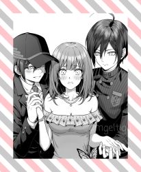 Rule 34 | 1girl, 2boys, ahoge, bare shoulders, blush, breasts, bug, butterfly, buttons, cleavage, collarbone, collared shirt, commentary, commission, danganronpa (series), danganronpa v3: killing harmony, diagonal stripes, double-breasted, dress, dual persona, english commentary, greyscale, hair between eyes, hand grab, hand up, hat, highres, insect, jacket, jewelry, large breasts, long sleeves, looking at another, medium hair, monochrome, multiple boys, necklace, necktie, official alternate costume, original, saihara shuichi, saihara witty (wittyhu), second-party source, shirt, short hair, short sleeves, striped clothes, striped jacket, wittyhu (amgeltiga)