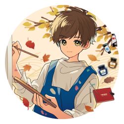 Rule 34 | 1boy, apron, arisa (aren), blue apron, border, brown hair, closed mouth, grey sweater, hands up, highres, holding, holding palette, leaf, light smile, looking at viewer, male focus, original, paint, paint stains, paintbrush, palette (object), round image, short hair, signature, sleeves past elbows, solo, sweater, upper body, white border, yellow eyes