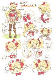 Rule 34 | 1girl, bad id, bad pixiv id, blonde hair, blush, bow, character sheet, hair bow, heart, highres, long hair, looking at viewer, multiple views, niikura kaori, one eye closed, open mouth, original, simple background, smile, text focus, thighhighs, translation request, white background, zettai ryouiki
