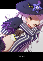 Rule 34 | 1girl, absurdres, black gloves, blunt bangs, capelet, cropped shirt, fang, gloves, grey hair, grey shirt, hat, head rest, highres, hololive, letterboxed, looking at viewer, lunch boxer, miniskirt, murasaki shion, murasaki shion (1st costume), purple capelet, purple headwear, purple skirt, shirt, short eyebrows, skin fang, skirt, smile, striped clothes, striped shirt, striped thighhighs, thighhighs, vertical-striped clothes, vertical-striped shirt, vertical-striped sleeves, vertical-striped thighhighs, virtual youtuber, witch hat, yellow eyes