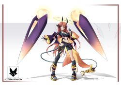 Rule 34 | 1girl, absurdres, asymmetrical legwear, between breasts, black choker, black socks, border, breasts, cable, cable tail, choker, cleavage, collarbone, dragon girl, halo, high heels, highres, horns, kneehighs, logo, long hair, mecha, mecha musume, mechanical tail, midriff, navel, off shoulder, open mouth, original, pouch, red hair, robot, shorts, single kneehigh, single sock, single thighhigh, socks, spectraldrawfox, tail, teeth, thigh strap, thighhighs, thighs, wide sleeves