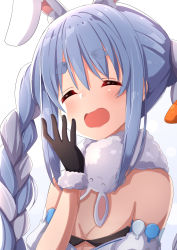Rule 34 | 1girl, ame., animal ear fluff, animal ears, bare shoulders, black gloves, blue hair, blush, braid, breasts, carrot hair ornament, closed eyes, commentary request, detached sleeves, don-chan (usada pekora), food-themed hair ornament, fur-trimmed gloves, fur trim, gloves, grey hair, hair between eyes, hair ornament, hand up, highres, hololive, long hair, multicolored hair, open mouth, puffy short sleeves, puffy sleeves, rabbit ears, short eyebrows, short sleeves, simple background, small breasts, thick eyebrows, twin braids, twintails, two-tone hair, upper body, usada pekora, usada pekora (1st costume), virtual youtuber, white background, white sleeves, yawning