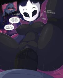 Rule 34 | 1boy, 1girl, artist logo, black sclera, black skin, blush, breasts, breasts apart, bright pupils, cape, clitoral hood, colored sclera, colored skin, couch, english text, eternal emilitia, fat mons, gem, hetero, highres, holding leg, hollow knight, huge penis, indoors, inset, kilinah, large breasts, laughing, looking at viewer, lying, narrow waist, nipples, nude, on back, on couch, penis, pov, pov crotch, purple cape, pussy, pussy juice, raised eyebrows, sex, smug, speech bubble, spread legs, thick thighs, thighs, vaginal, veins, veiny penis, white pupils, wide hips