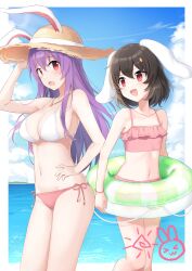 Rule 34 | 2girls, :d, absurdres, alternate costume, animal ears, arm up, beach, bikini, black hair, border, breasts, carrot necklace, cleavage, commentary, cowboy shot, day, dot nose, ears through headwear, feet out of frame, flat chest, floppy ears, hand on headwear, hat, highres, horizon, inaba tewi, innertube, jewelry, knees together feet apart, large breasts, long hair, looking at another, looking at viewer, looking to the side, midriff, multiple girls, navel, necklace, open mouth, outdoors, outside border, petite, purple hair, rabbit ears, red eyes, reisen udongein inaba, short hair, smile, swim ring, swimsuit, symbol-only commentary, touhou, very long hair, white border, yada (xxxadaman)