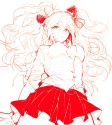 Rule 34 | 10s, 1girl, blue eyes, bow, danganronpa (series), danganronpa: trigger happy havoc, enoshima junko, from below, hair bow, lineart, long hair, mayer, navel, open clothes, open shirt, shirt, skirt, smile, solo, spot color, twintails, white background