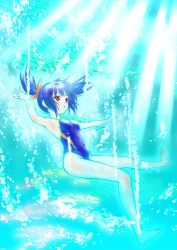 Rule 34 | 1girl, blue hair, competition swimsuit, freediving, highres, kurimuzon, one-piece swimsuit, original, red eyes, short hair, solo, swimsuit, twintails, underwater