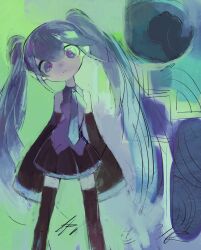 Rule 34 | 1girl, abstract background, aqua eyes, aqua hair, aqua necktie, blue eyes, blue hair, detached sleeves, green background, hatsune miku, highres, long hair, necktie, nedoco, open mouth, petite, pink pupils, pleated skirt, shirt, sketch, skirt, sleeveless, sleeveless shirt, solo, standing, thighhighs, twintails, very long hair, vocaloid, white shirt