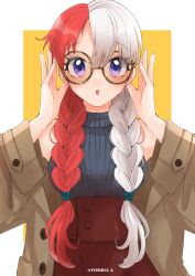 Rule 34 | 1girl, :o, alternate hairstyle, artist name, braid, commentary request, eyelashes, female focus, glasses, highres, looking at viewer, low twin braids, low twintails, multicolored hair, one piece, one piece film: red, purple eyes, red hair, solo, standing, twin braids, twintails, twitter username, two-tone hair, uta (one piece), white hair, yoshi32 6