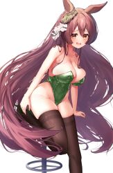 Rule 34 | 1girl, absurdres, animal ears, black thighhighs, blush, breasts, brown eyes, brown hair, cleavage, collarbone, foot out of frame, green footwear, green leotard, groin, hair between eyes, high heels, highres, horse ears, horse girl, large breasts, leotard, long hair, looking at viewer, open mouth, pumps, satono diamond (umamusume), shoes, shumai il, simple background, solo, stiletto heels, strapless, strapless leotard, thighhighs, umamusume, white background