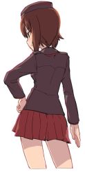 Rule 34 | 10s, 1girl, back, black hat, black jacket, brown eyes, brown hair, closed mouth, commentary request, cowboy shot, cropped legs, facing away, from behind, garrison cap, girls und panzer, hand on own hip, hat, jacket, kuromorimine military uniform, long sleeves, looking to the side, military, military hat, military uniform, miniskirt, monolith (suibou souko), nishizumi maho, pleated skirt, red skirt, short hair, simple background, skirt, solo, standing, uniform, white background