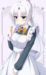 Rule 34 | 1girl, apron, blue eyes, blush, bow, cafe stella to shinigami no chou, clenched hand, closed mouth, commentary, company connection, cosplay, cowboy shot, eyes visible through hair, frilled apron, frills, frown, grey background, hand up, highres, jitome, long hair, long sleeves, looking at viewer, maid, maid apron, maple 0126, parted bangs, ponytail, senren banka, shiki natsume, shiki natsume (cosplay), shy, simple background, solo, split mouth, striped bow, tomotake yoshino, very long hair, white apron, white hair, yellow bow, yuzu-soft