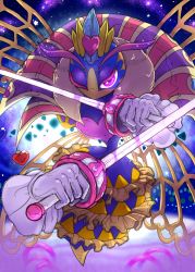 Rule 34 | 1girl, arthropod girl, bug, dual wielding, female focus, gloves, halgalaz, highres, holding, holding sword, holding weapon, kirby: triple deluxe, kirby (series), night, nintendo, no humans, one eye closed, pink eyes, queen sectonia, rapier, solo, spoilers, star (sky), sword, weapon, wings