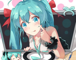 Rule 34 | 1girl, :p, ahoge, bare shoulders, blue eyes, blue hair, blue necktie, blush, bow, breasts, closed mouth, collared shirt, commentary, dress shirt, hair between eyes, hair bow, hatsune miku, long hair, looking at viewer, medium breasts, monitor, necktie, red bow, shirt, sleeveless, sleeveless shirt, smile, solo, taka (0taka), through medium, through screen, tongue, tongue out, twintails, upper body, vocaloid, white shirt, wrist cuffs