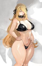 Rule 34 | 1girl, black bra, black nails, blonde hair, bra, breasts, chaichne, creatures (company), cynthia (pokemon), game freak, hair over one eye, hands on own hips, highres, large breasts, long hair, nail polish, nintendo, pokemon, pokemon dppt, solo, standing, thick thighs, thighs, underwear, very long hair