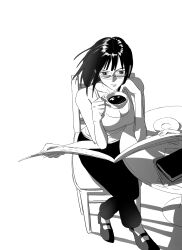 Rule 34 | 1girl, book, camisole, chair, cheouldu, cup, extra arms, floating hair, from above, glasses, greyscale, hana hana no mi, highres, holding, holding cup, holding newspaper, medium hair, monochrome, newspaper, nico robin, one piece, pants, shoes, simple background, solo, table