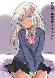 Rule 34 | 1girl, alternate costume, bed, black skirt, blazer, blonde hair, blue eyes, blue jacket, bow, bowtie, collared shirt, commentary request, flower, fuji (pixiv24804665), hair flower, hair ornament, highres, jacket, kantai collection, long hair, looking at viewer, pink bow, pink bowtie, pleated skirt, ro-500 (kancolle), school uniform, shirt, skirt, smile, solo, tan, translation request, v arms