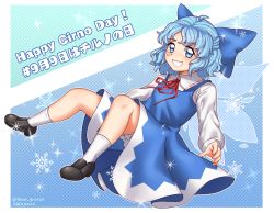 Rule 34 | 1girl, black footwear, blouse, blue dress, blue eyes, blue hair, blue ribbon, bow, caramelized tomatoes, cirno, dress, dress shirt, fairy wings, hair bow, highres, ice, ice wings, long sleeves, pinafore dress, puffy sleeves, red bow, red ribbon, ribbon, shirt, shoes, short hair, sleeveless dress, socks, touhou, white shirt, white socks, wing collar, wings