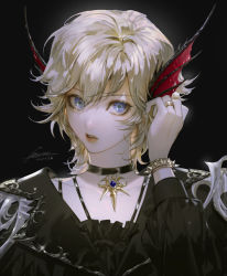 Rule 34 | androgynous, animal ears, artist name, black background, blonde hair, blue eyes, bracelet, choker, commentary, dated, english commentary, eyelashes, eyeliner, fins, flipped hair, frills, gender request, hand in own hair, hand up, head fins, highres, jewelry, lipstick, long sleeves, looking at viewer, makeup, original, parted lips, portrait, puffy long sleeves, puffy sleeves, ring, short hair, signature, simple background, solo, spiked bracelet, spikes, vlfdus 0