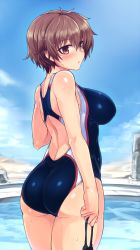 Rule 34 | 1girl, ass, back cutout, blush, breasts, brown eyes, brown hair, clothing cutout, competition swimsuit, cowboy shot, female focus, from behind, goggles, holding, holding goggles, katou keiko, large breasts, looking back, null (nyanpyoun), one-piece swimsuit, pool, short hair, solo, strike witches, swimsuit, thighs, unworn goggles, wet, witches of africa, world witches series