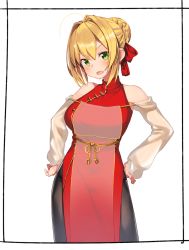 Rule 34 | 1girl, ahoge, bare shoulders, black pantyhose, blonde hair, blush, braid, china dress, chinese clothes, detached sleeves, dress, fate/extra, fate (series), french braid, hair between eyes, hair bun, hair intakes, hair ribbon, hands on own hips, highres, kei (soundcross), looking at viewer, nero claudius (fate), nero claudius (fate) (all), nero claudius (fate/extra), open mouth, pantyhose, red dress, red ribbon, ribbon, short hair, sidelocks, simple background, single hair bun, solo, standing, white background