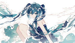 Rule 34 | 1girl, absurdres, ahoge, alternate color, arms at sides, backlighting, bare shoulders, blue dress, blue eyes, blue hair, closed mouth, dress, feet out of frame, hatsune miku, highres, kazenemuri, knees up, light, long hair, looking at viewer, sleeveless, sleeveless dress, smile, twintails, very long hair, vocaloid, waves, white background