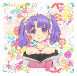 Rule 34 | 10s, 1girl, bad id, bad pixiv id, bare shoulders, check (check book), earrings, female focus, flower, fractale, hair flower, hair ornament, jewelry, necklace, nessa (fractale), off shoulder, plant, purple hair, smile, solo, twintails