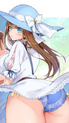 Rule 34 | 1girl, ass, blue eyes, blush, breasts, brown hair, commentary request, cowboy shot, dress, earrings, flower earrings, from behind, hat, hat ribbon, highres, jewelry, lace trim, large breasts, long hair, looking at viewer, looking back, morishima kon, original, panties, pantyshot, ribbon, ribbon trim, see-through, short sleeves, simple background, solo, sun hat, sundress, symbol-only commentary, twitter username, underwear, upskirt