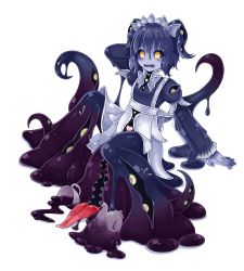 Rule 34 | 1girl, arm support, black sclera, blue skin, blush, breasts, colored sclera, colored skin, extra eyes, extra mouth, fang, full body, highres, long sleeves, maid, maid headdress, monster girl, monster girl encyclopedia, shoggoth (monster girl encyclopedia), short hair, simple background, slime (substance), small breasts, solo, sora (sunday sky), tearing up, tentacles, two side up, white background