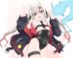 Rule 34 | belt, black jacket, black necktie, breasts, commentary request, contrapposto, covered erect nipples, cowboy shot, crop top, dongchuan, dress, grey hair, hair ornament, hololive, horns, jacket, leotard, long hair, multicolored hair, nakiri ayame, nakiri ayame (streetwear), necktie, off-shoulder dress, off shoulder, open mouth, red hair, short necktie, sidelocks, skin-covered horns, sleeves past wrists, small breasts, smile, strapless, strapless leotard, thigh strap, twintails, two-sided fabric, two-sided jacket, two-tone hair, virtual youtuber, x hair ornament