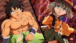Rule 34 | 1boy, 1girl, :o, black eyes, black hair, black headwear, broly (dragon ball super), commentary request, crossover, dragon ball, dragon ball super, dragon ball super broly, scar on face, floral print, frilled sleeves, frills, green eyes, green hair, green skirt, hat, heart, heart of string, highres, komeiji koishi, muscular, ohoho, open mouth, scar, scar on cheek, scar on face, topless male, skirt, third eye, touhou, vambraces, wide sleeves