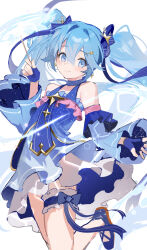 Rule 34 | 1girl, absurdres, bare shoulders, blue bow, blue dress, blue eyes, blue gloves, blue hair, blue sleeves, bow, commentary, constellation print, detached sleeves, dress, earrings, fingerless gloves, foot out of frame, gloves, hair bow, hair ornament, hairclip, hatsune miku, head tilt, highres, holding, holding wand, jewelry, jiu ye sang, leg up, light blue hair, long hair, long sleeves, looking at viewer, simple background, smile, solo, thigh strap, twintails, very long hair, vocaloid, wand, white background, yuki miku, yuki miku (2017)