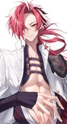 Rule 34 | 1boy, black hair, earrings, eyebrow cut, eyes visible through hair, fate/grand order, fate (series), hair over one eye, highres, jacket, japanese clothes, jewelry, long hair, long sleeves, looking at viewer, low ponytail, male focus, multicolored hair, pectoral cleavage, pectorals, pttyr, red eyes, red hair, simple background, smile, solo, streaked hair, takasugi shinsaku (fate), toned, toned male, underpec, upper body, white background, white hair, white jacket