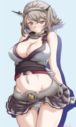 Rule 34 | 1girl, arm grab, arms behind back, belt, blue background, blush, breasts, brown hair, closed mouth, clothes lift, collar, commentary, cowboy shot, crotch seam, gloves, green eyes, grey belt, grey collar, grey shirt, grey skirt, groin, headgear, highres, kantai collection, large breasts, light smile, looking at viewer, midriff, miniskirt, mutsu (kancolle), navel, one-hour drawing challenge, panties, pantyshot, pleated skirt, radio antenna, shadow, shirt, short hair, simple background, single horizontal stripe, skirt, skirt lift, sleeveless, sleeveless shirt, solo, standing, thigh gap, twitter username, underwear, white gloves, white panties, wind, wind lift, yts takana