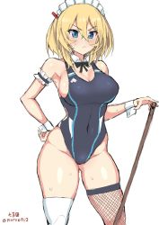 Rule 34 | 1girl, angry, armband, artist name, asymmetrical legwear, black bow, black bowtie, black thighhighs, blonde hair, blue eyes, blue one-piece swimsuit, blush, bow, bowtie, breasts, broom, cleavage, closed mouth, collar, commentary, competition swimsuit, covered navel, detached collar, fishnet thighhighs, fishnets, frilled armband, frills, frown, girls und panzer, hand on own hip, highres, holding, holding broom, large breasts, looking at viewer, maid headdress, medium hair, messy hair, mismatched legwear, mordeth, one-piece swimsuit, oshida (girls und panzer), simple background, skindentation, solo, standing, sweatdrop, swimsuit, thighhighs, twintails, v-shaped eyebrows, white background, white collar, white thighhighs, wing collar, wrist cuffs